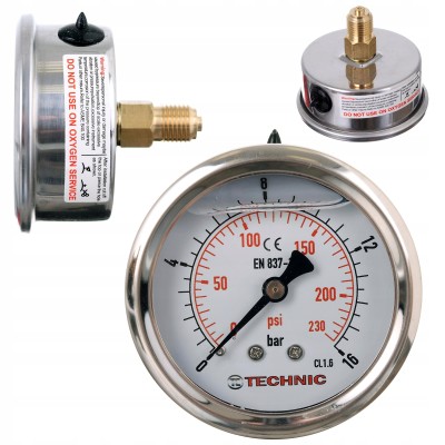 Manometr Glicerynowy Ciśnieniomierz Zegar 63mm 0-16 bar Gwint 1/4” Tylny